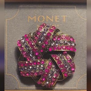 Vintage Signed Monet Ribbon Brooch Purple, Pink, Red Rhinestones